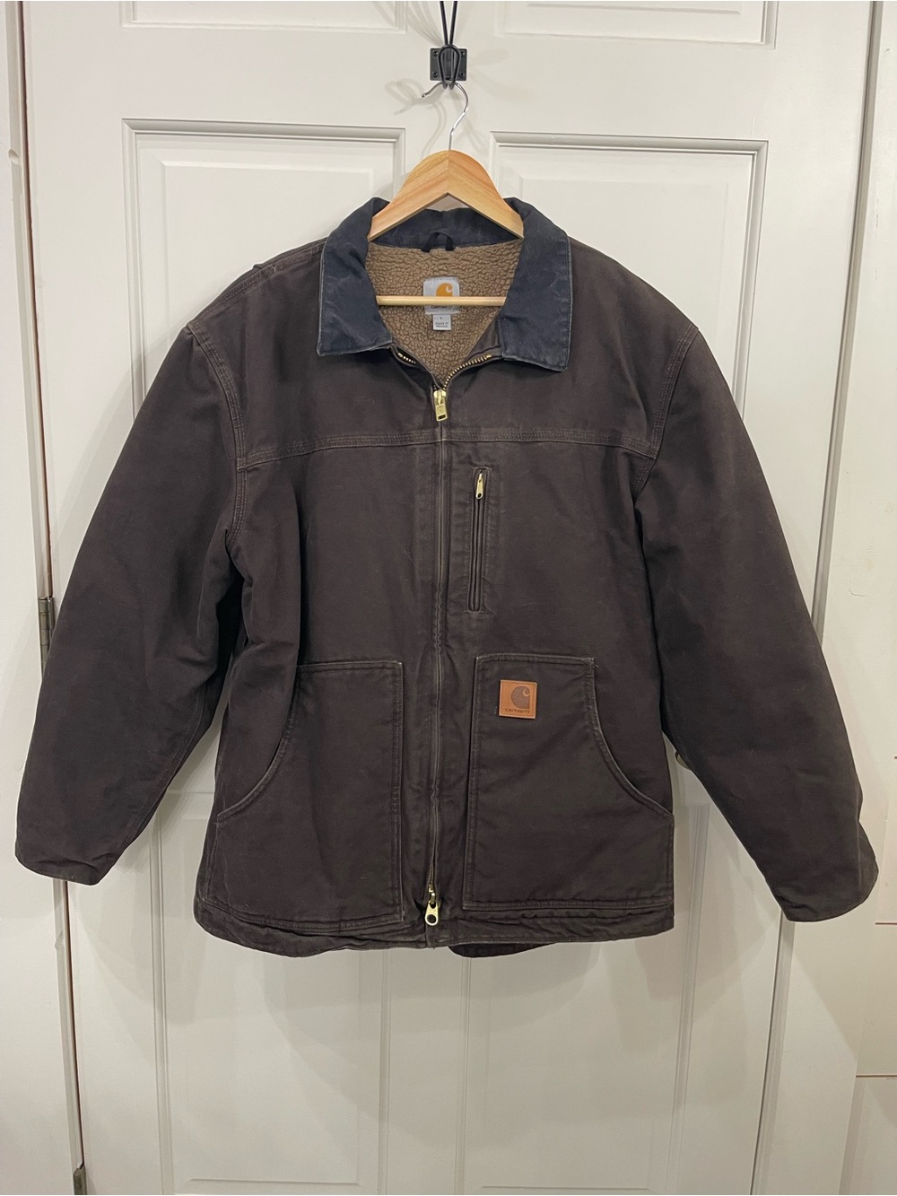 Carhartt Dark Brown Duck Canvas Work Jacket with Sherpa Collar